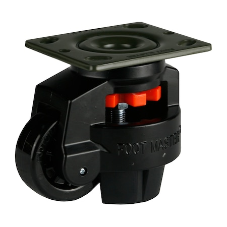 Foot Master Leveling Caster, 75 mm Nylon Wheel, 4 x 4-1/2 Plate, Swivel, 800 kg Cap, NBR Foot Pad, Black GD-100-F-NYN-FBL-PUS